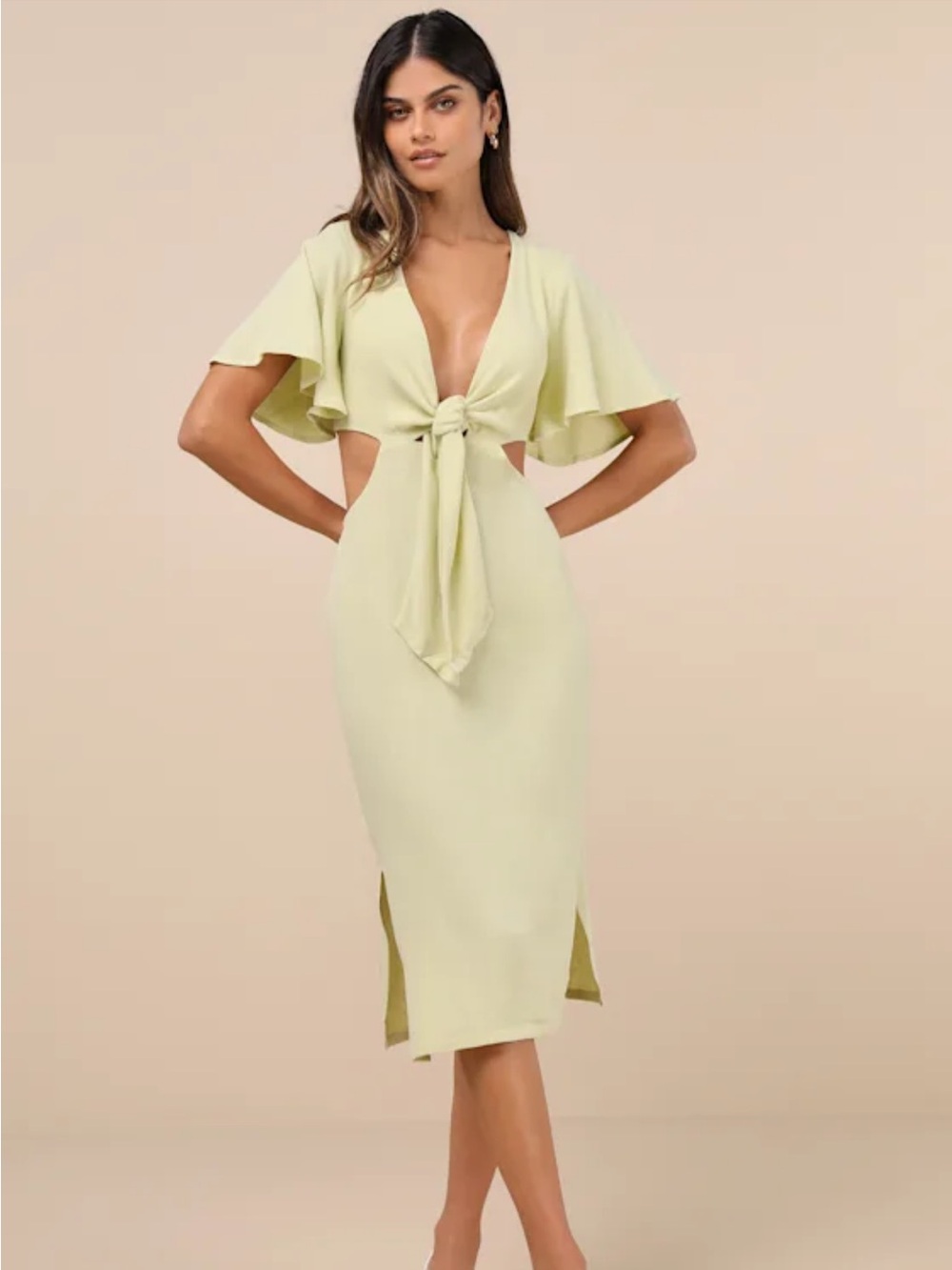 Lulu’s Summer Journey Light Green Tie-Front Cutout Midi Dress